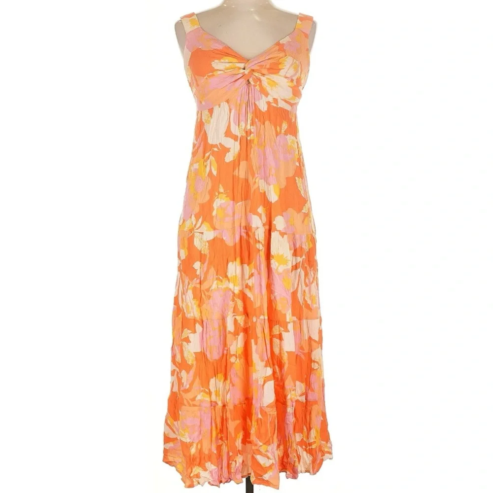 Floral Tropical Orange, Pink and Yellow V-Neck Midi Calf-Length Dress
